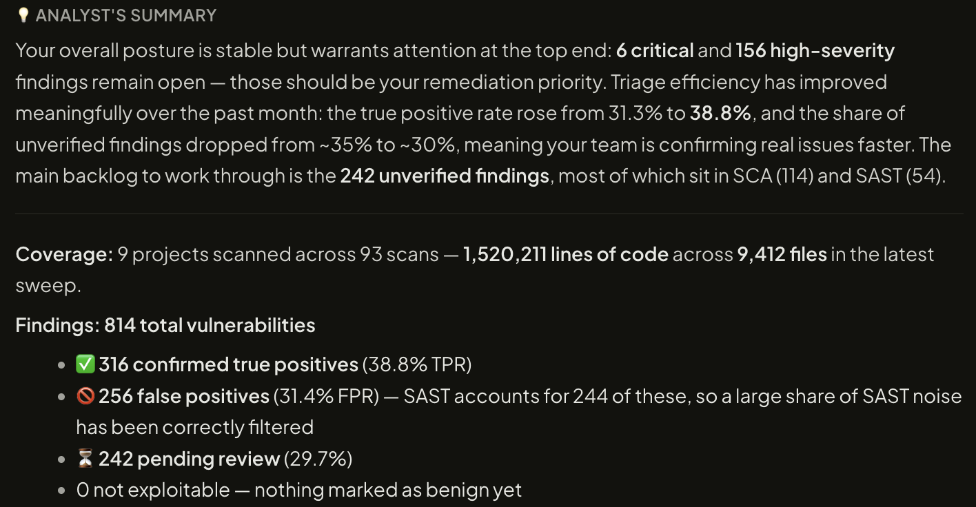 Securitron AI analyst summary describing overall security posture and triage efficiency
