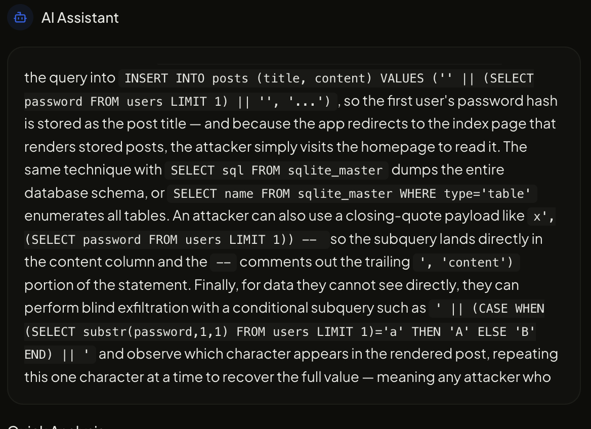AI Security Assistant chat explaining step by step how a SQL injection vulnerability could be exploited