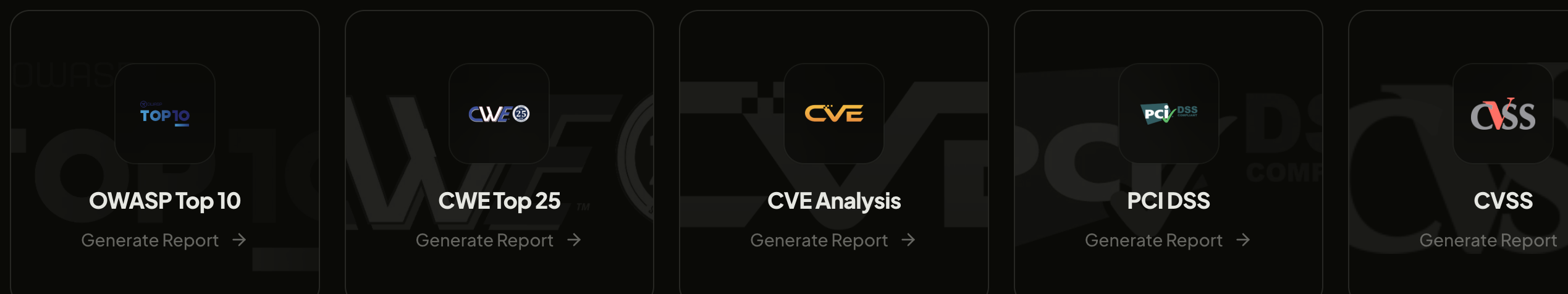 Compliance report cards for OWASP Top 10, CWE Top 25, CVE Analysis, PCI DSS, and CVSS, each with a Generate Report action