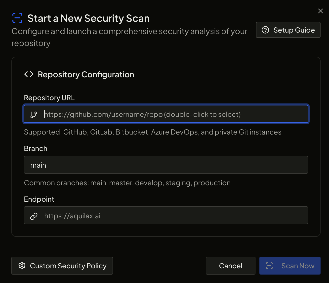New Security Scan configuration modal with repository URL, branch, and endpoint fields