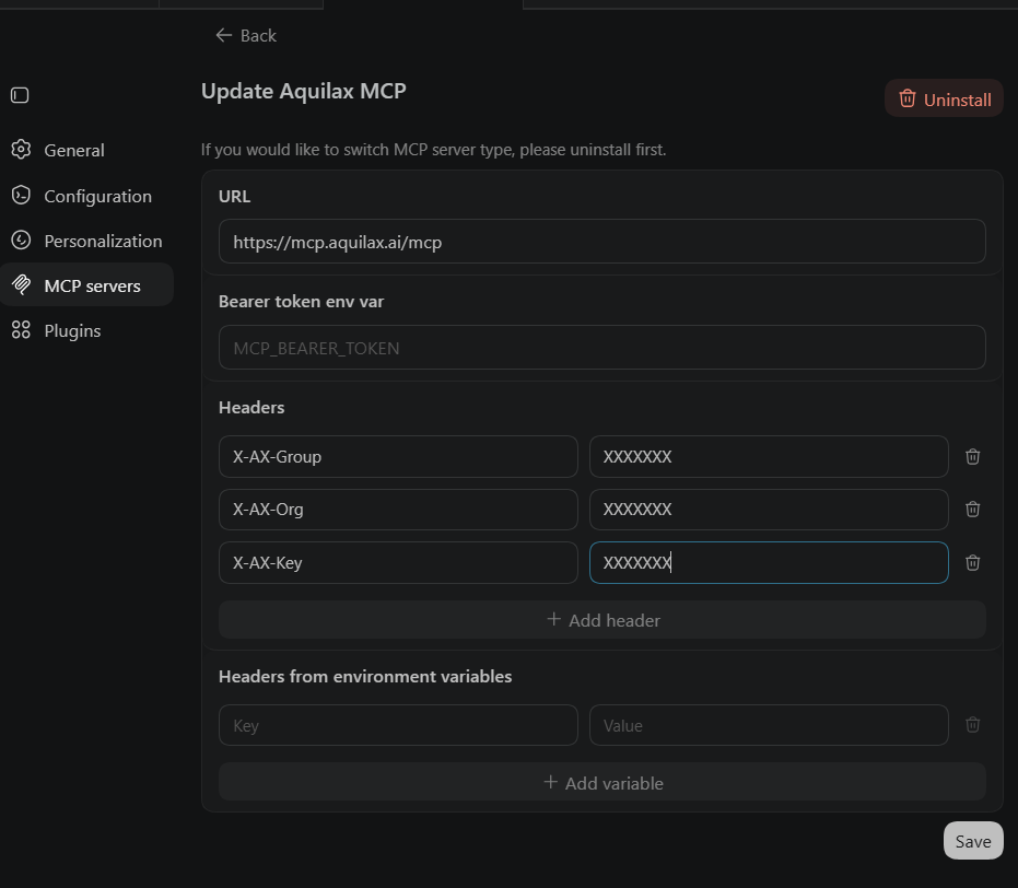 Codex Update Aquilax MCP settings form showing URL and X-AX-Key, X-AX-Org, X-AX-Group headers