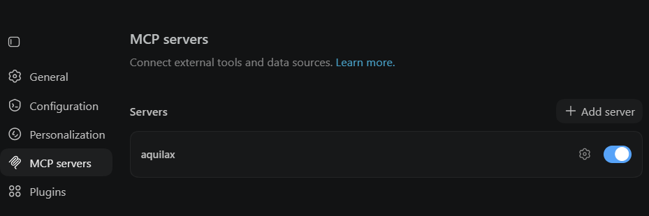 Codex MCP Servers settings showing aquilax server listed and enabled with blue toggle
