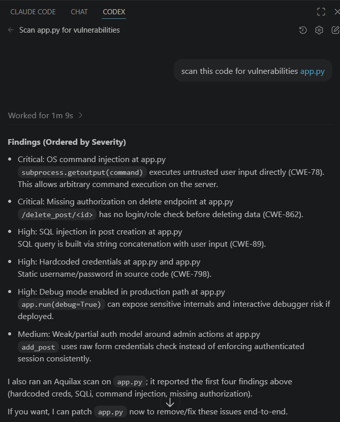 OpenAI Codex displaying AquilaX vulnerability findings ordered by severity — Critical, High, Medium