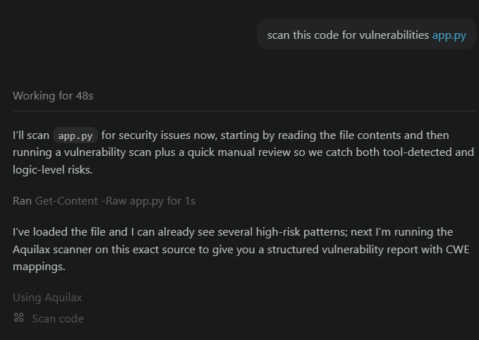 OpenAI Codex working — Using Aquilax Scan code tool called automatically