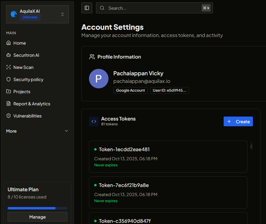 AquilaX Account Settings page showing the API Key, Organization ID, and Group ID fields