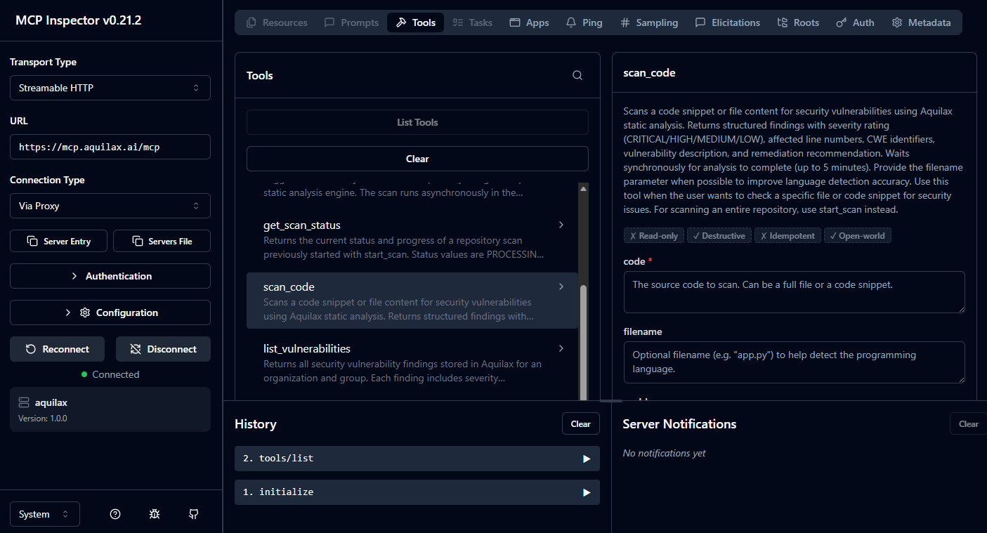 MCP Inspector browser UI showing all 7 AquilaX tools connected in the sidebar