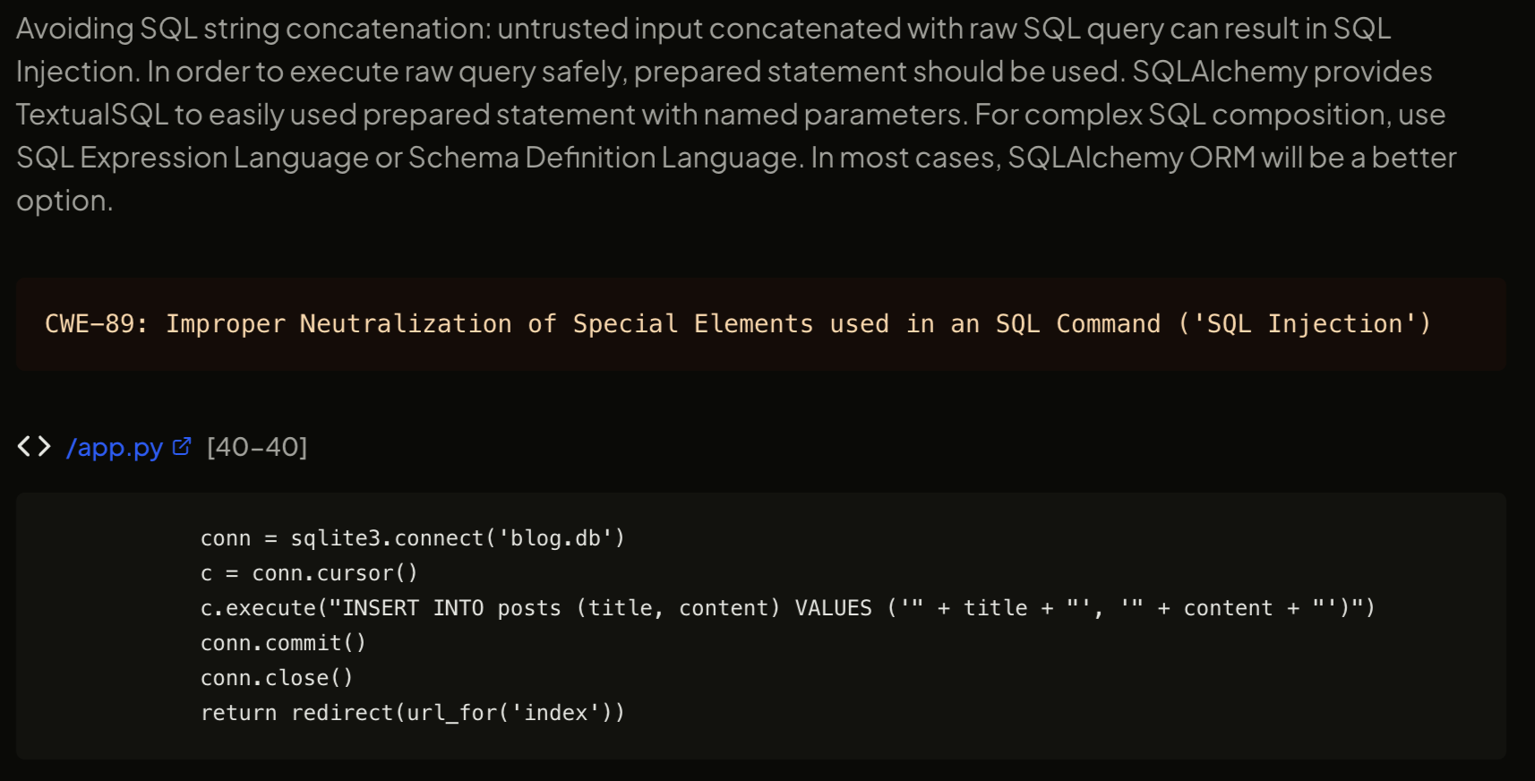 SAST finding detail for a SQL injection vulnerability, showing CWE-89, the vulnerable code, and an AI-written explanation